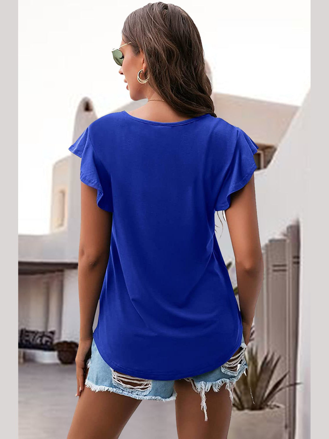 Women Ruffled Round Neck Cap Sleeve Blouse