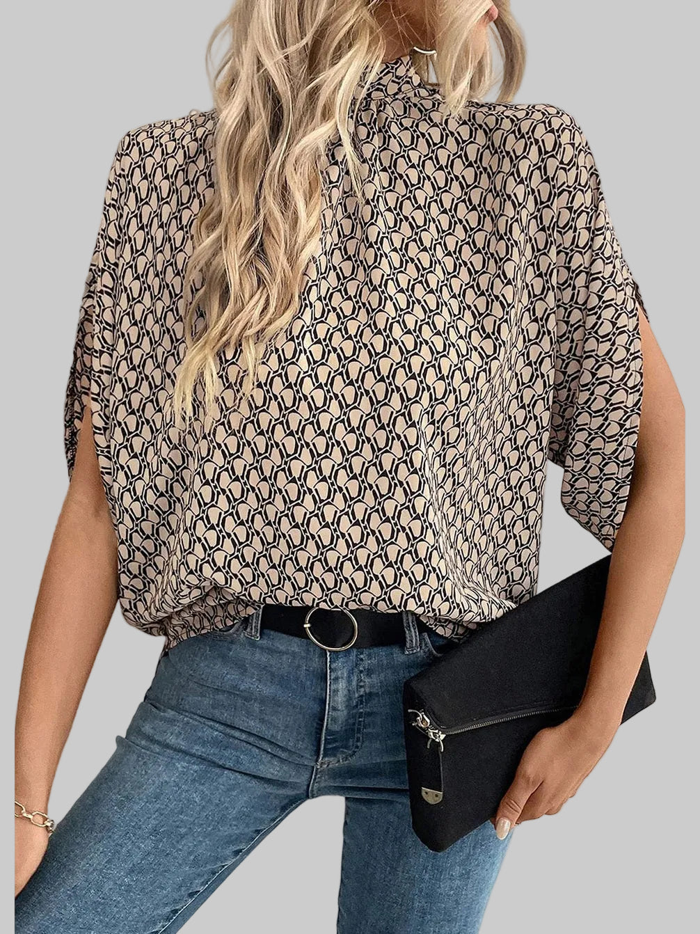 Women Tie Back Slit Half Sleeve Blouse