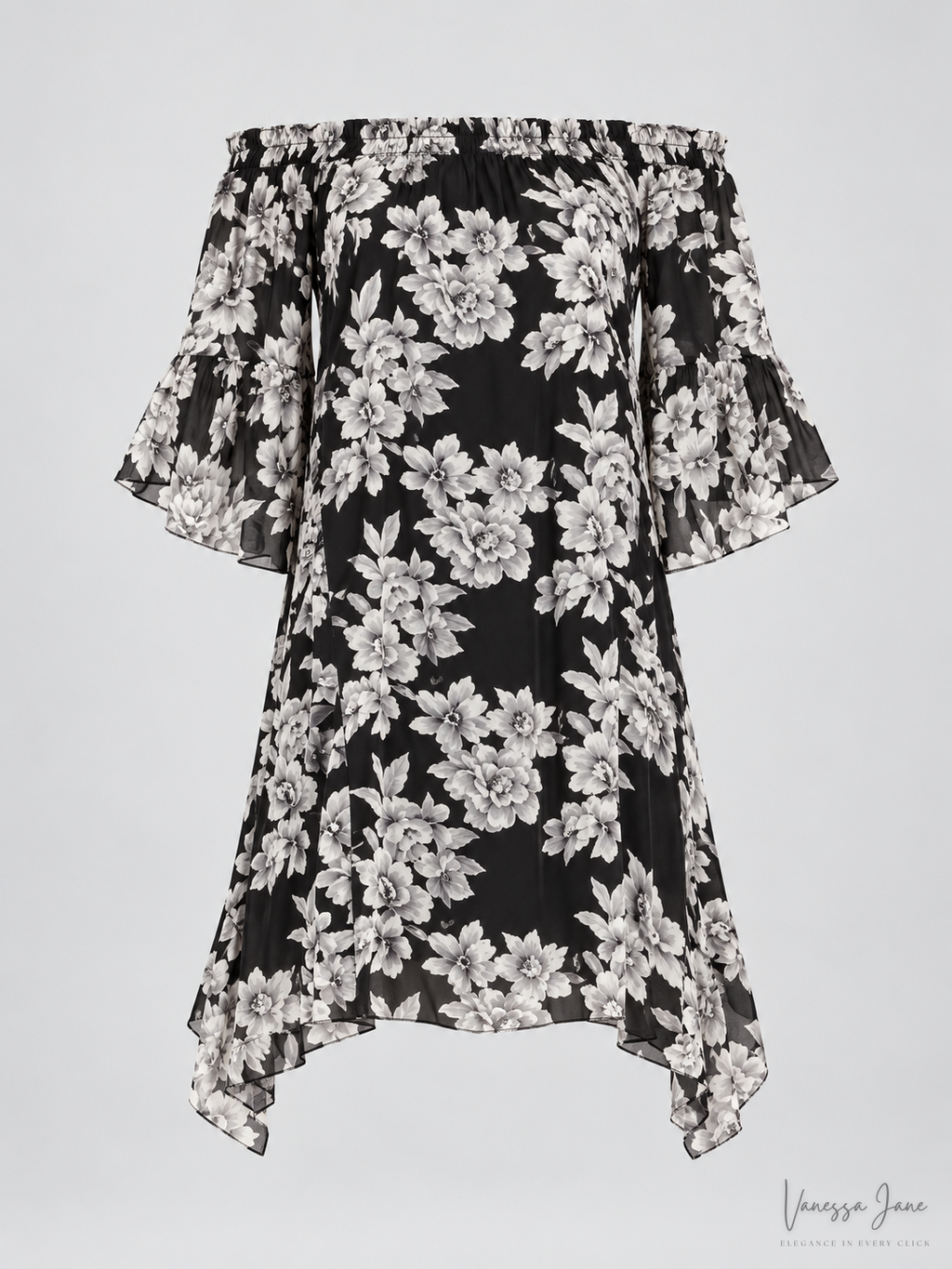 Moon River Women's Black Floral Off-Shoulder Ruffle Dress Size S