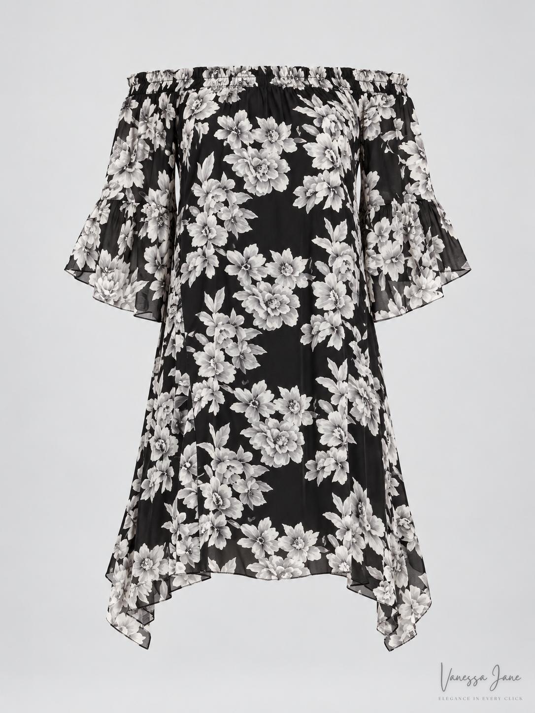 Moon River Women's Black Floral Off-Shoulder Ruffle Dress Size S