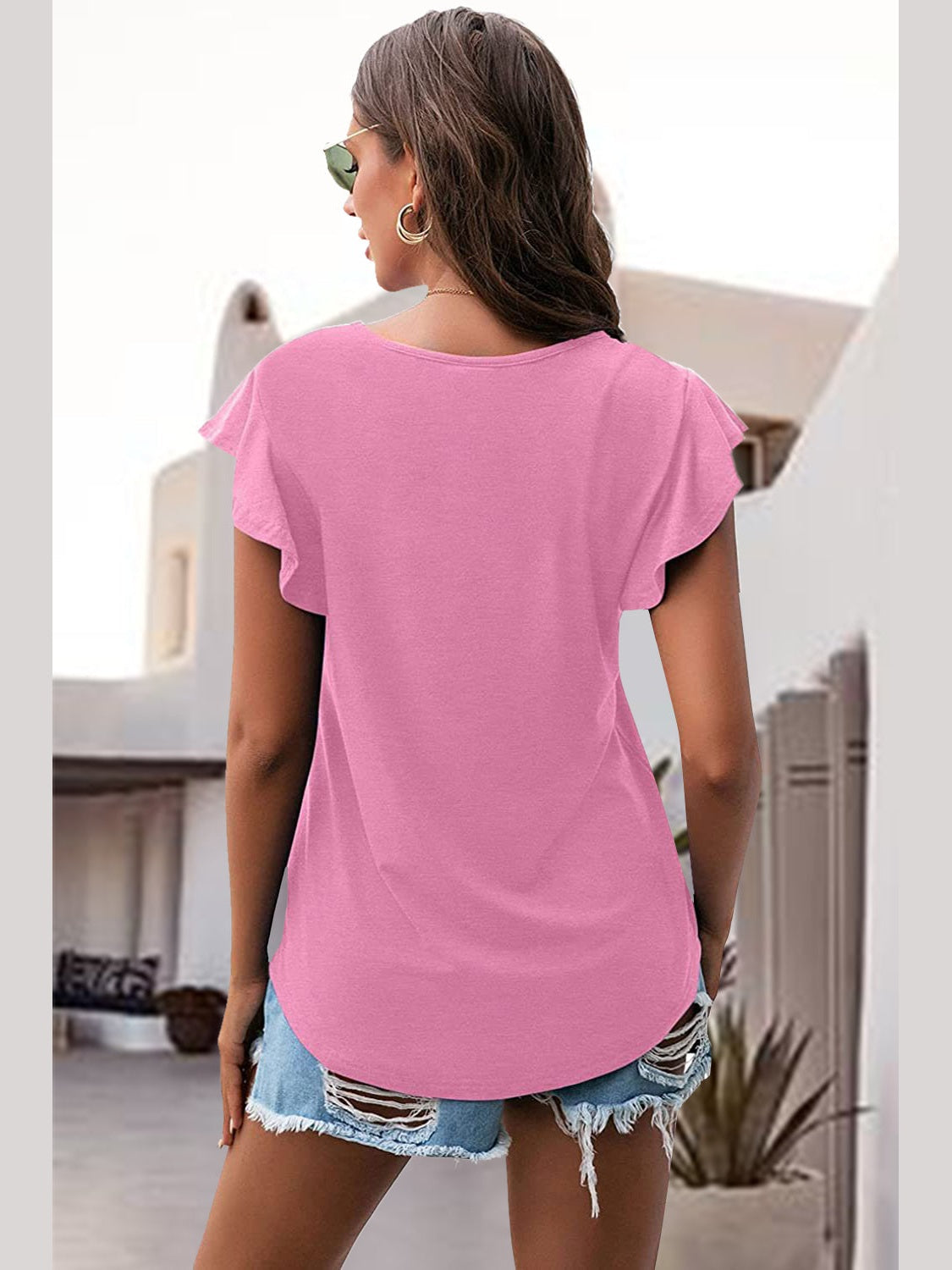 Women Ruffled Round Neck Cap Sleeve Blouse