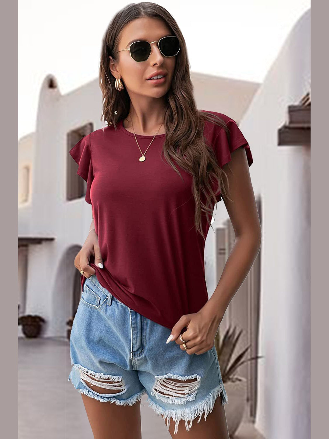 Women Ruffled Round Neck Cap Sleeve Blouse