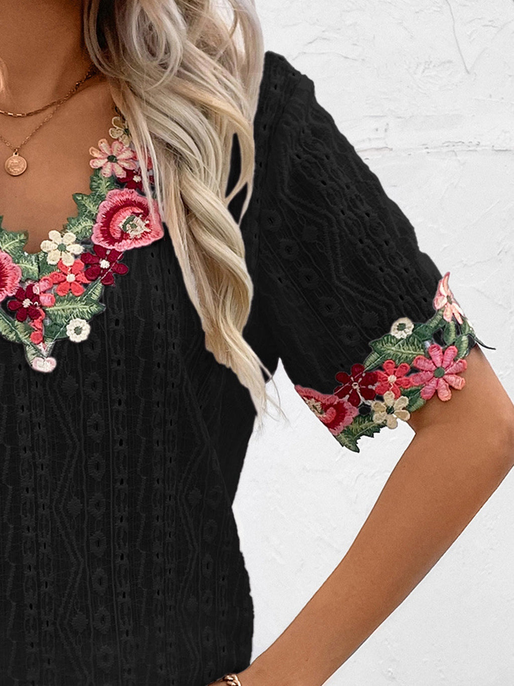 Women Eyelet Embroidered V-Neck Short Sleeve Blouse
