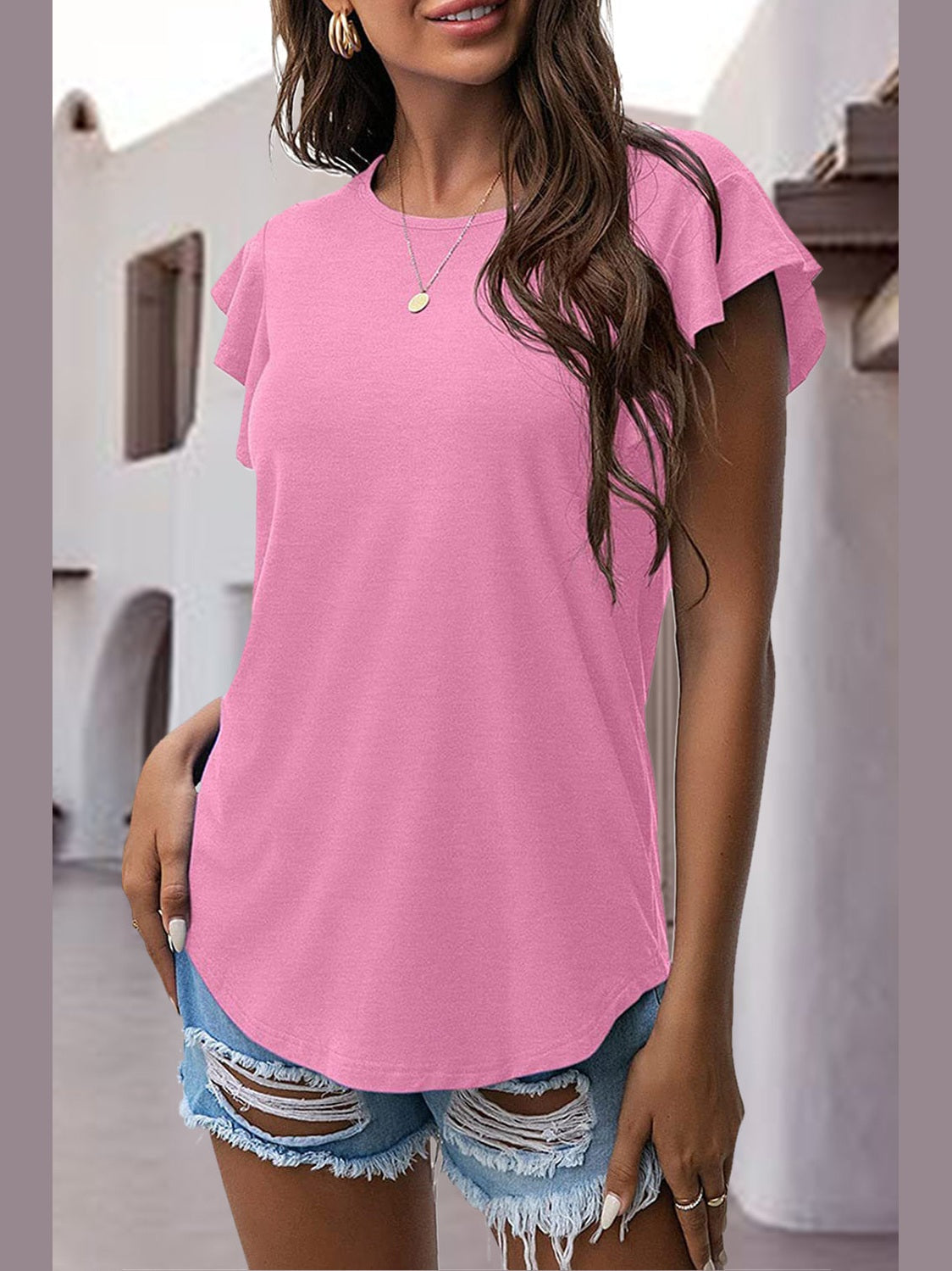 Women Ruffled Round Neck Cap Sleeve Blouse