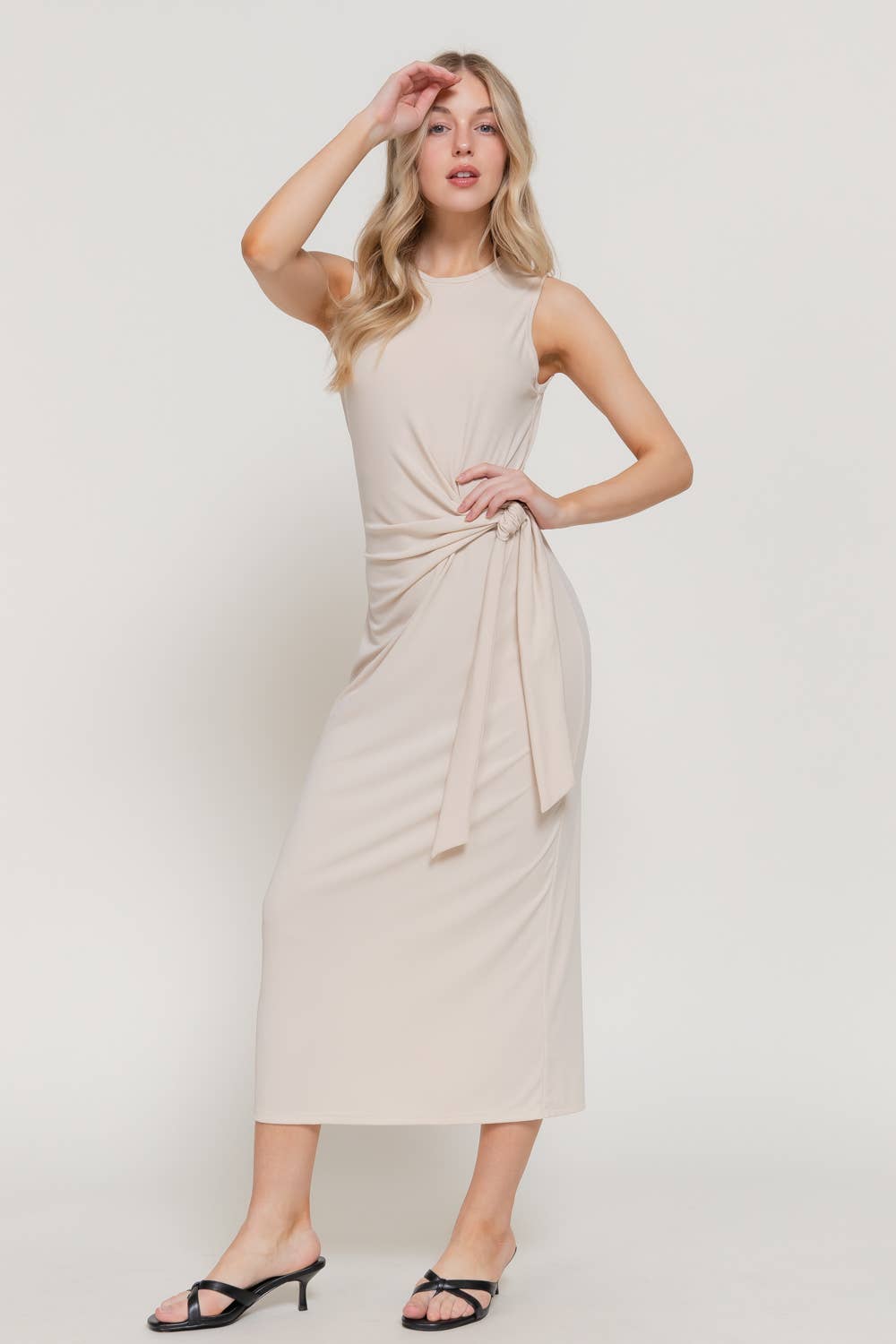 Active USA - Women's Sleeveless Round Neck Midi Dress with Waist Detail - D15175