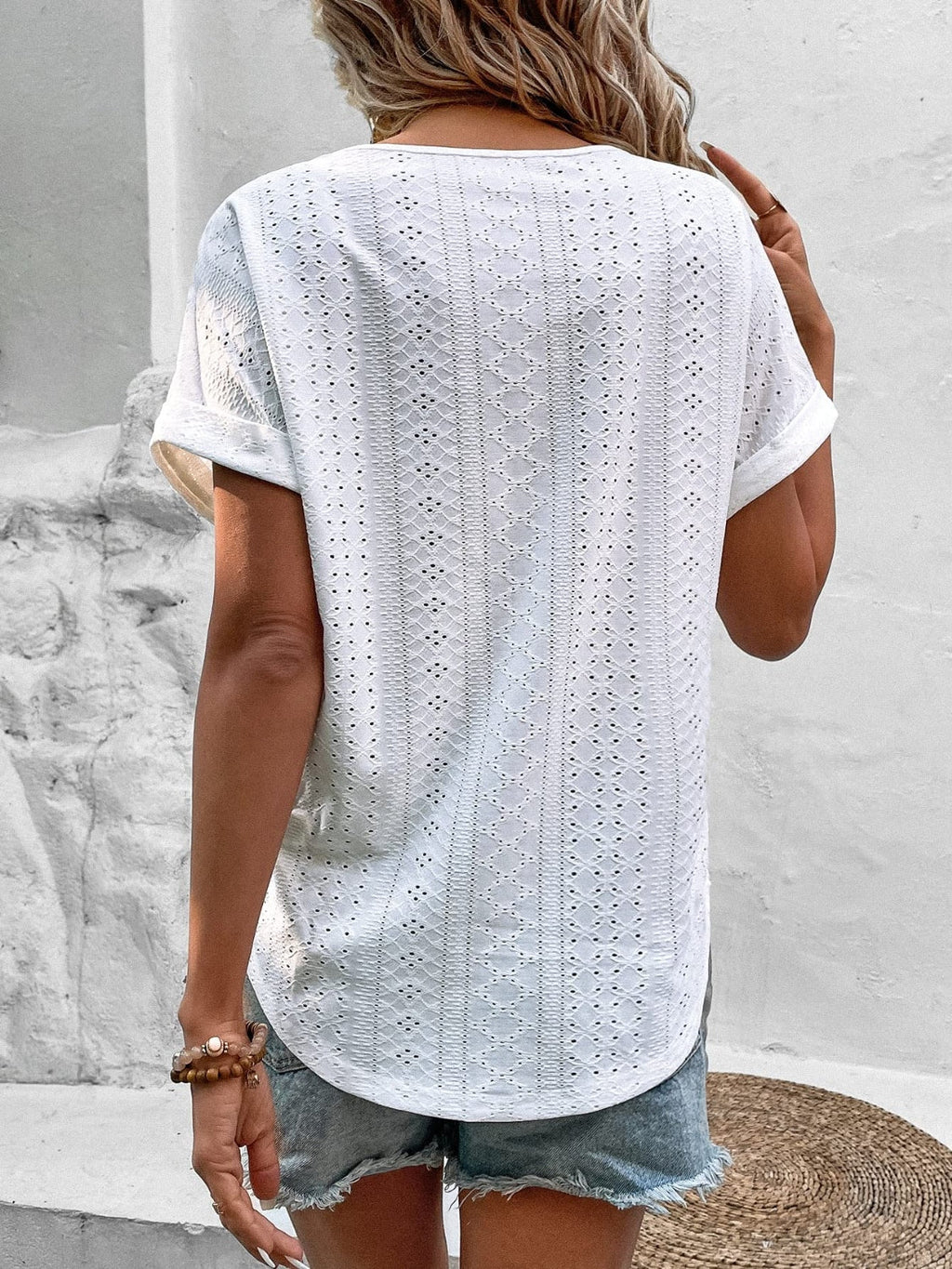 Women Eyelet V-Neck Short Sleeve Blouse