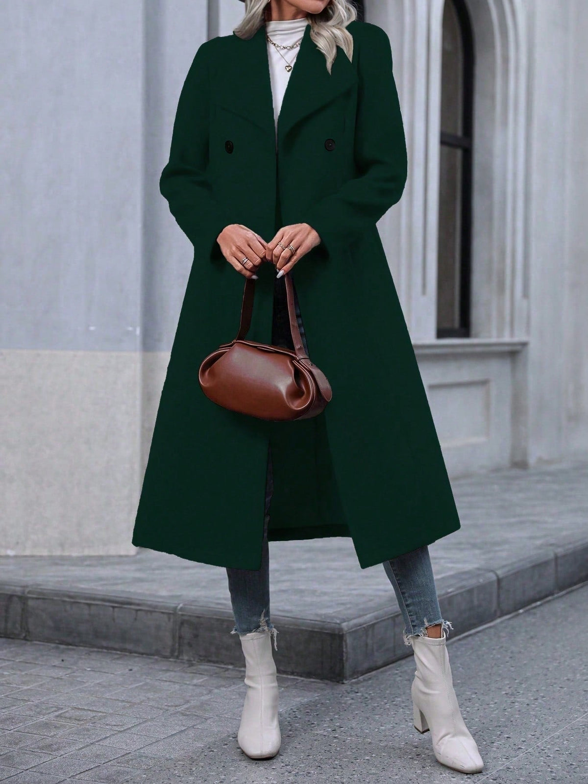 Autumn And Winter Long Coat For Women, Minimalist And Fashionable, Elegant For Commuting, Double-breasted Long-sleeve Faux Wool Long Women's Coat.