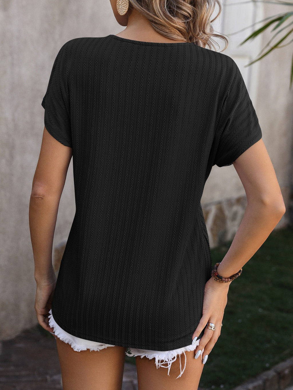 Women Textured Surplice Short Sleeve Blouse