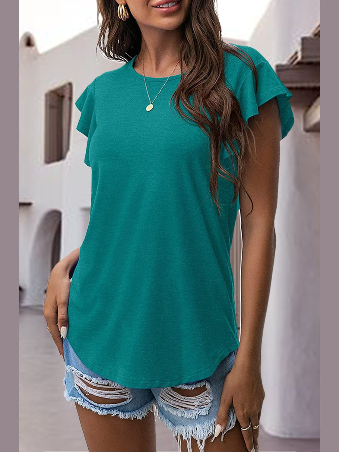 Women Ruffled Round Neck Cap Sleeve Blouse