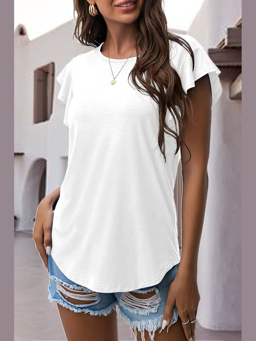 Women Ruffled Round Neck Cap Sleeve Blouse