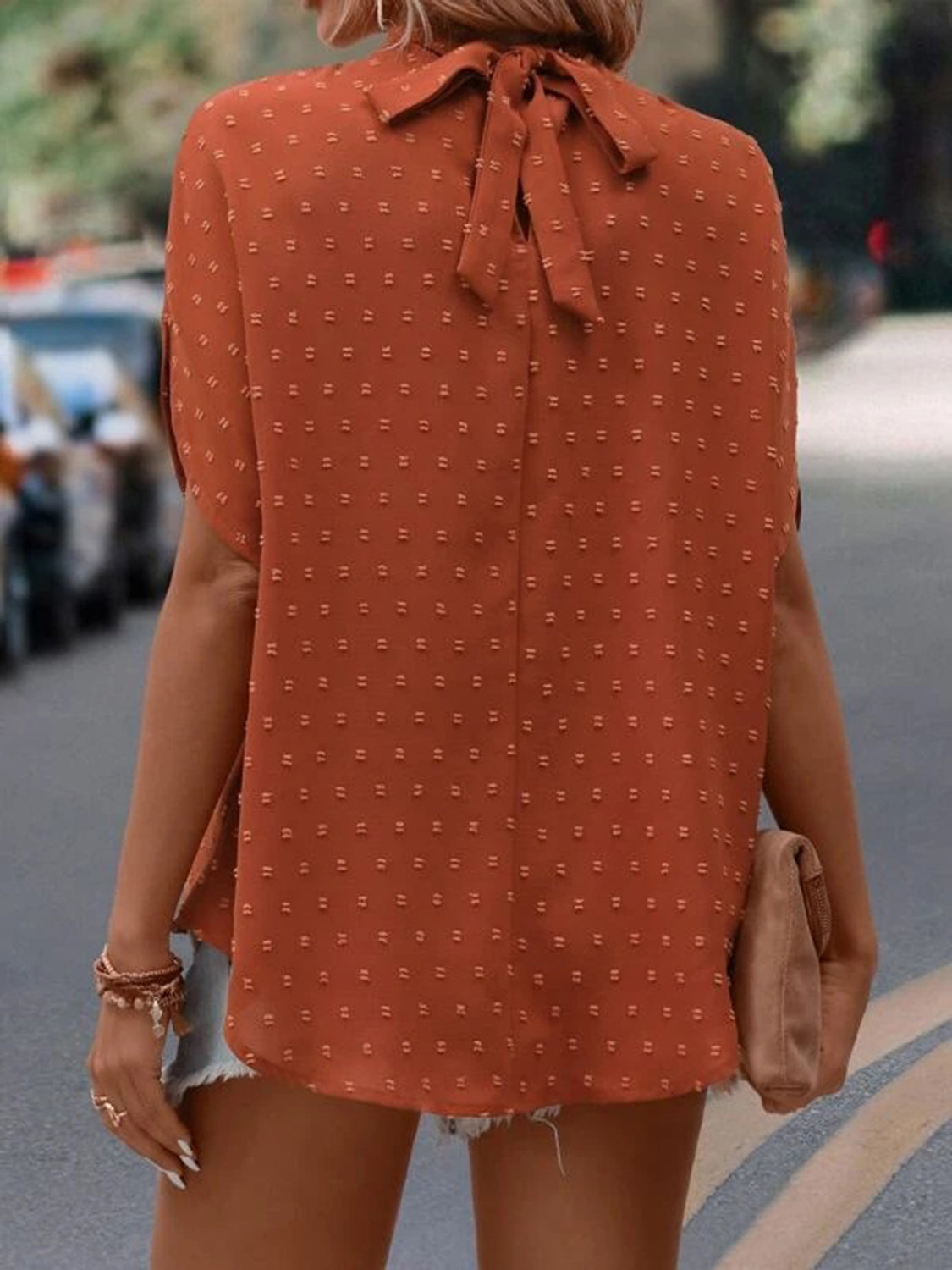 Women Swiss Dot Mock Neck Half Sleeve Blouse