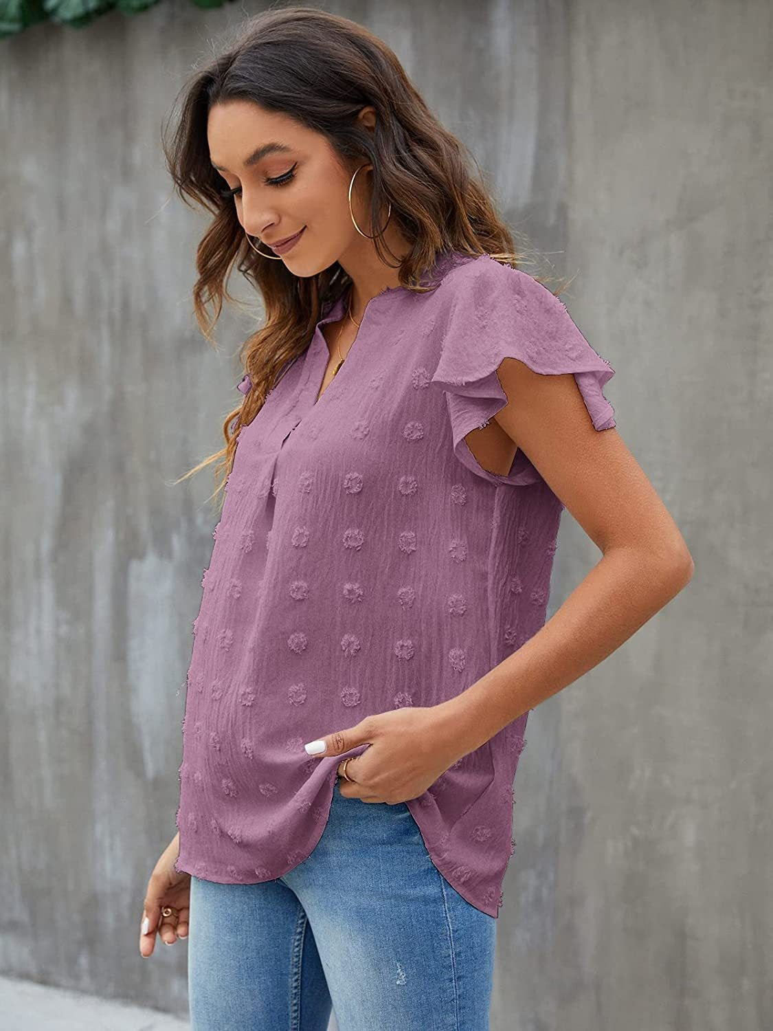 Women Swiss Dot Notched Flutter Sleeve Blouse