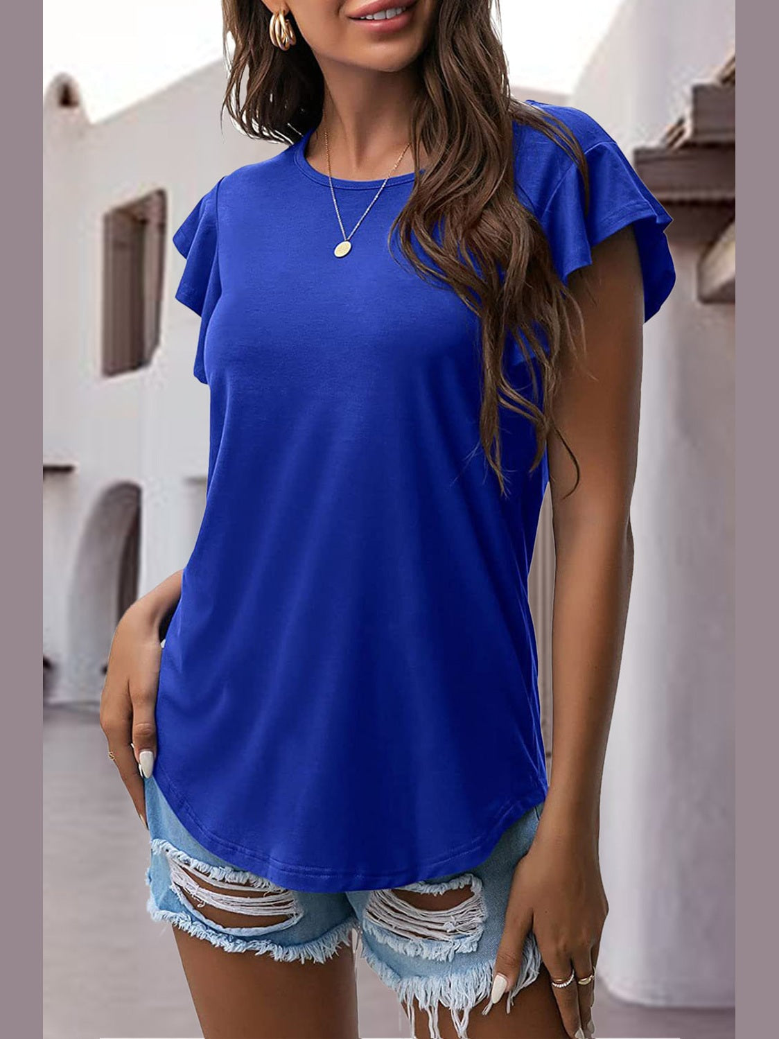 Women Ruffled Round Neck Cap Sleeve Blouse