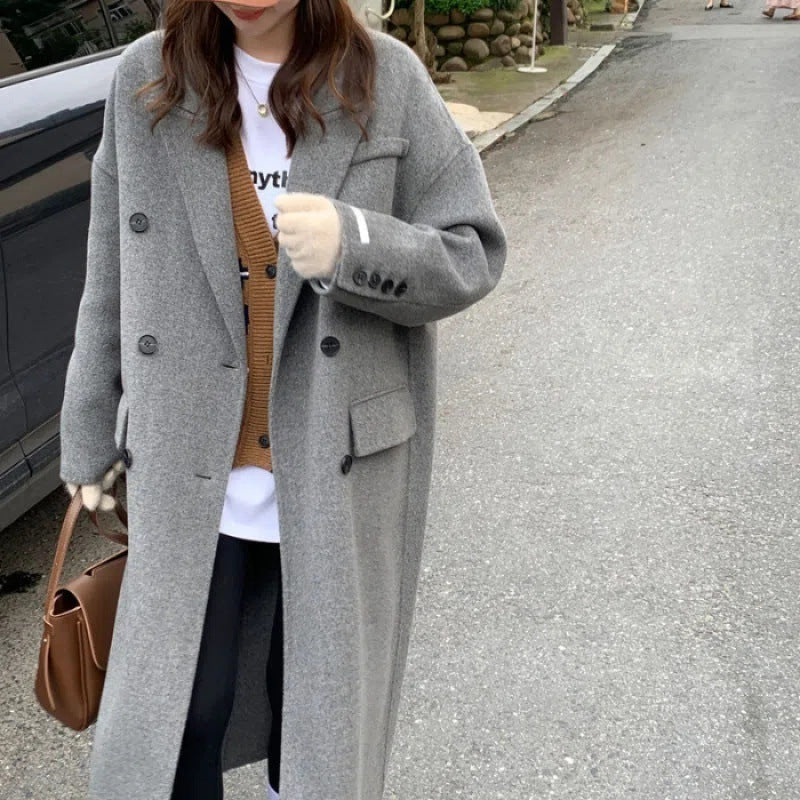 Women's Gray Woolen Plump Girls Loose All-match Coat