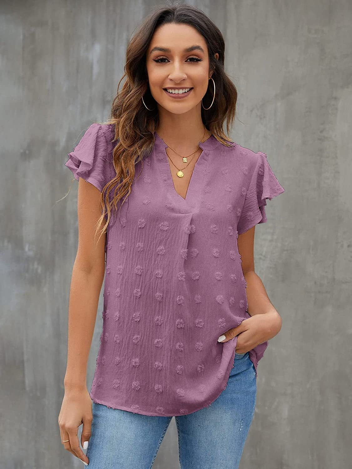 Women Swiss Dot Notched Flutter Sleeve Blouse