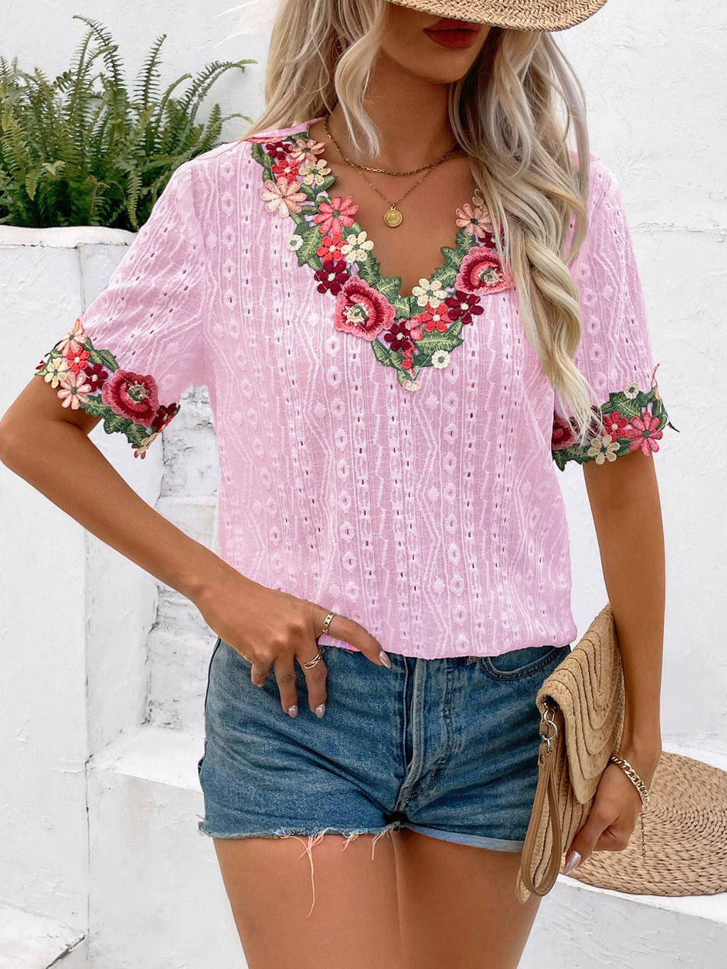 Women Eyelet Embroidered V-Neck Short Sleeve Blouse
