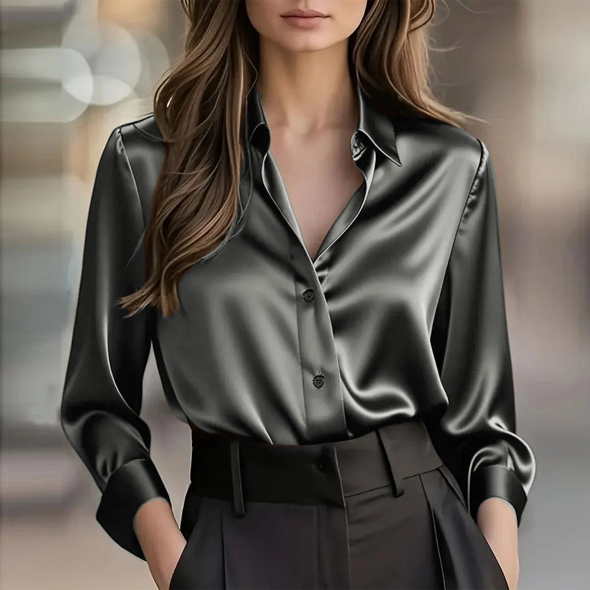 Elegant Satin Long Sleeve Blouse For Women Button-Up Collar Shirt Perfect For Casual Professional Business Work Wear Women's Clothing