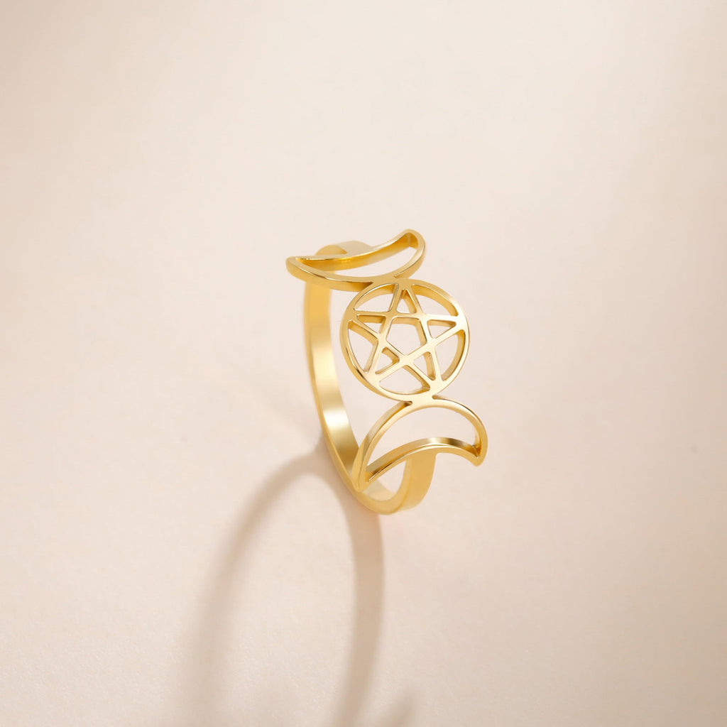 Temperament Wild Couple Ornament Double Moon Pentagram Stainless Steel Ring