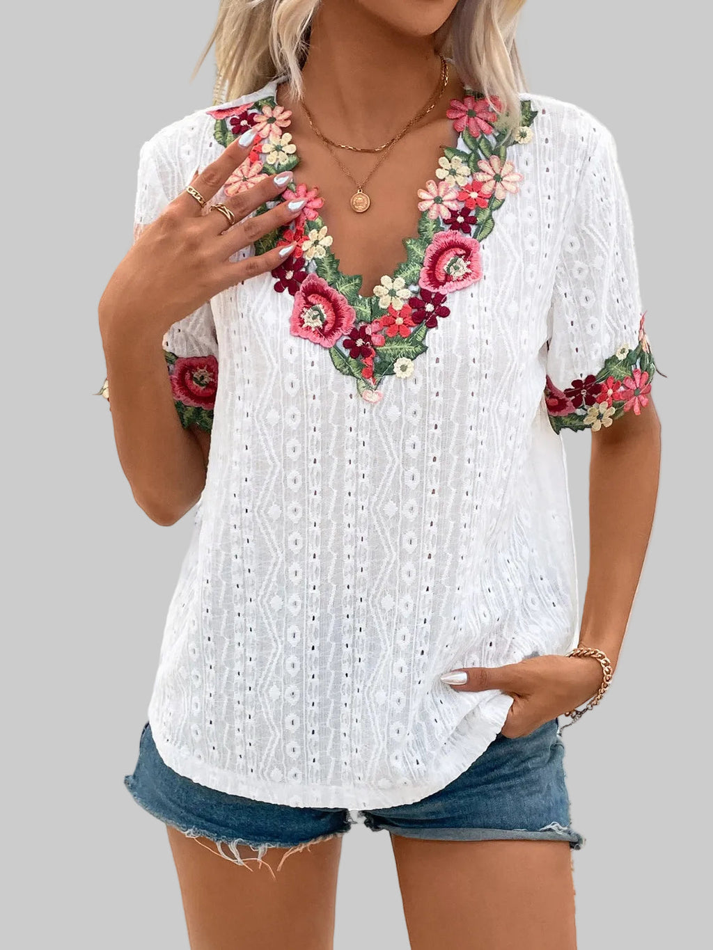 Women Eyelet Embroidered V-Neck Short Sleeve Blouse