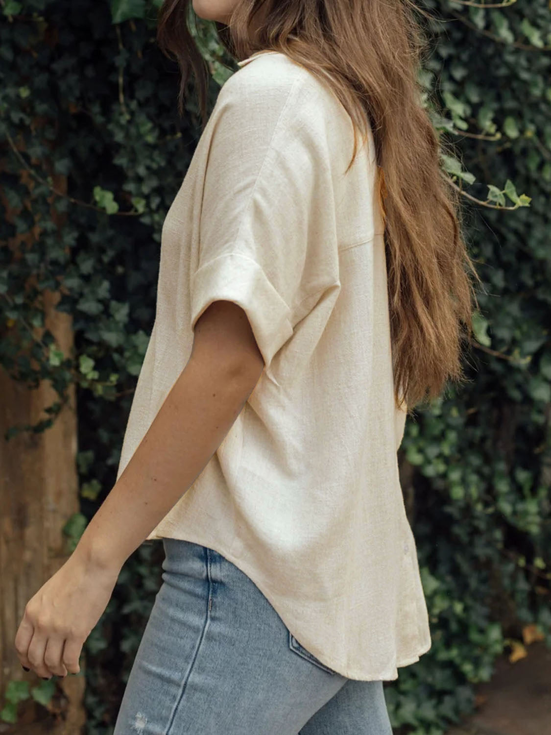 Women Johnny Collar Half Sleeve Blouse