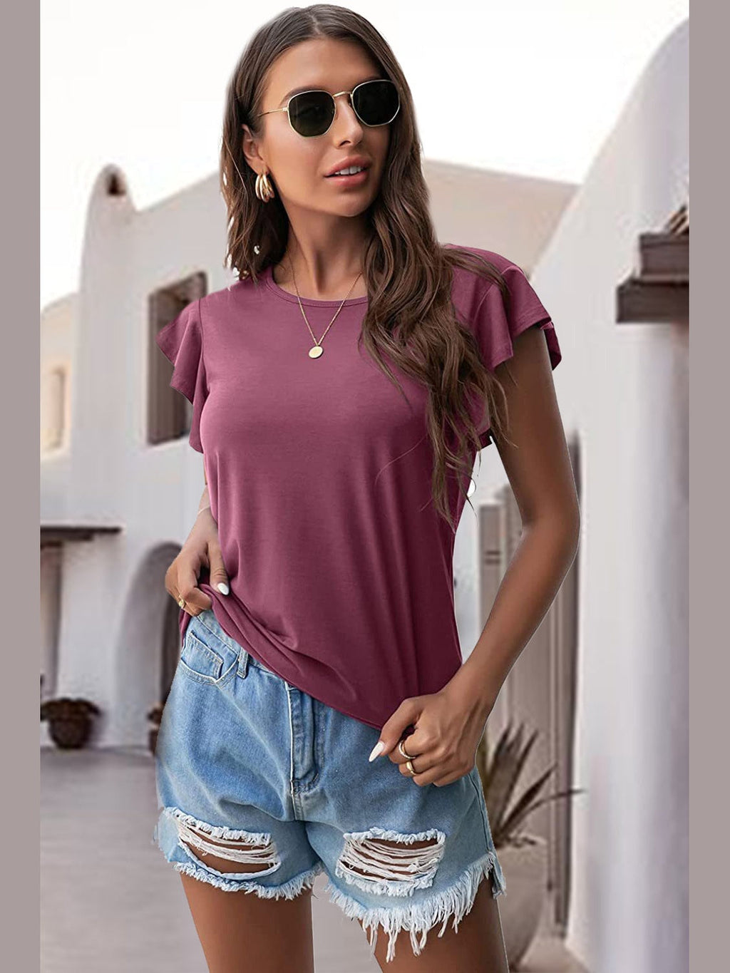 Women Ruffled Round Neck Cap Sleeve Blouse