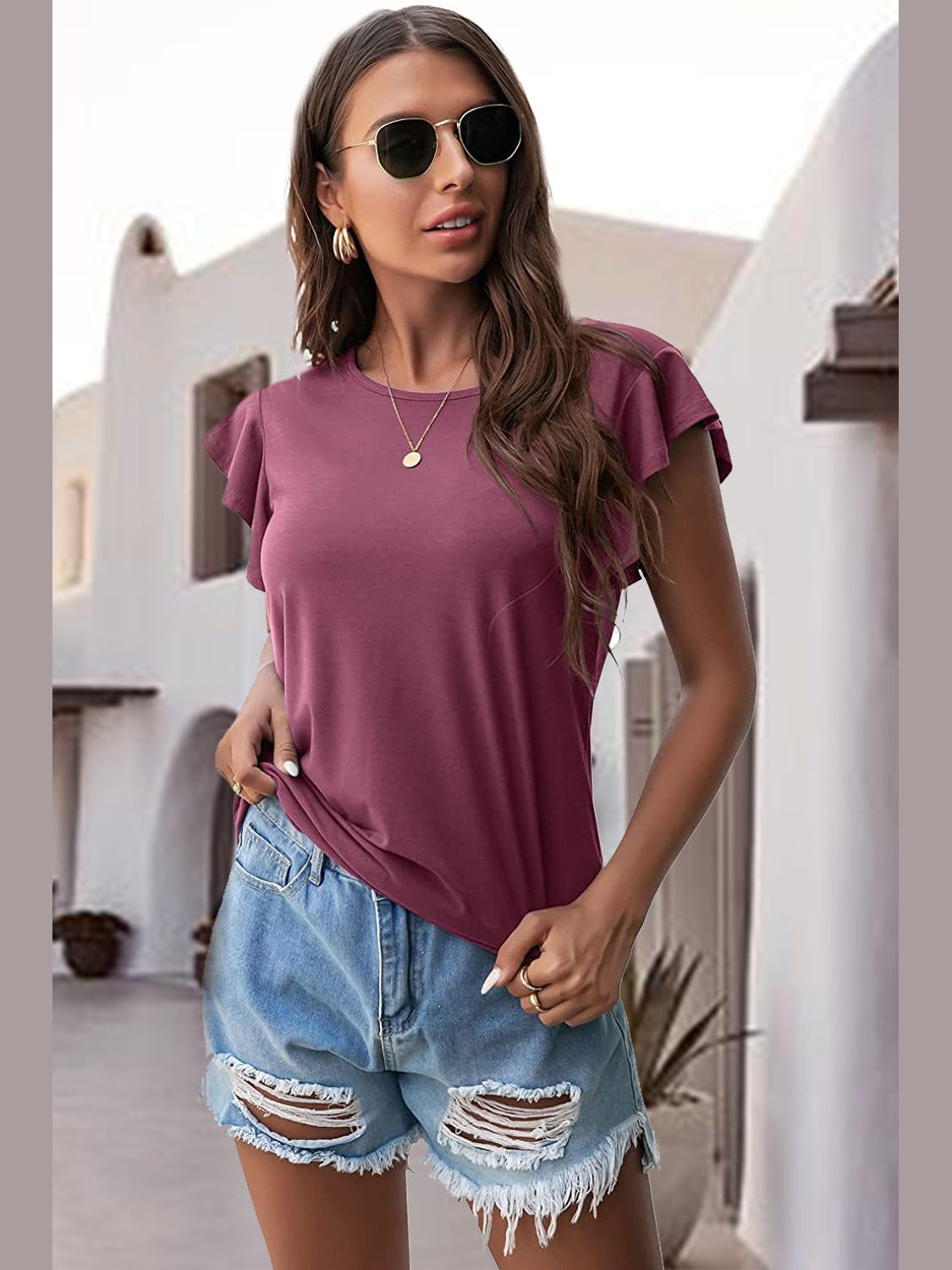 Women Ruffled Round Neck Cap Sleeve Blouse