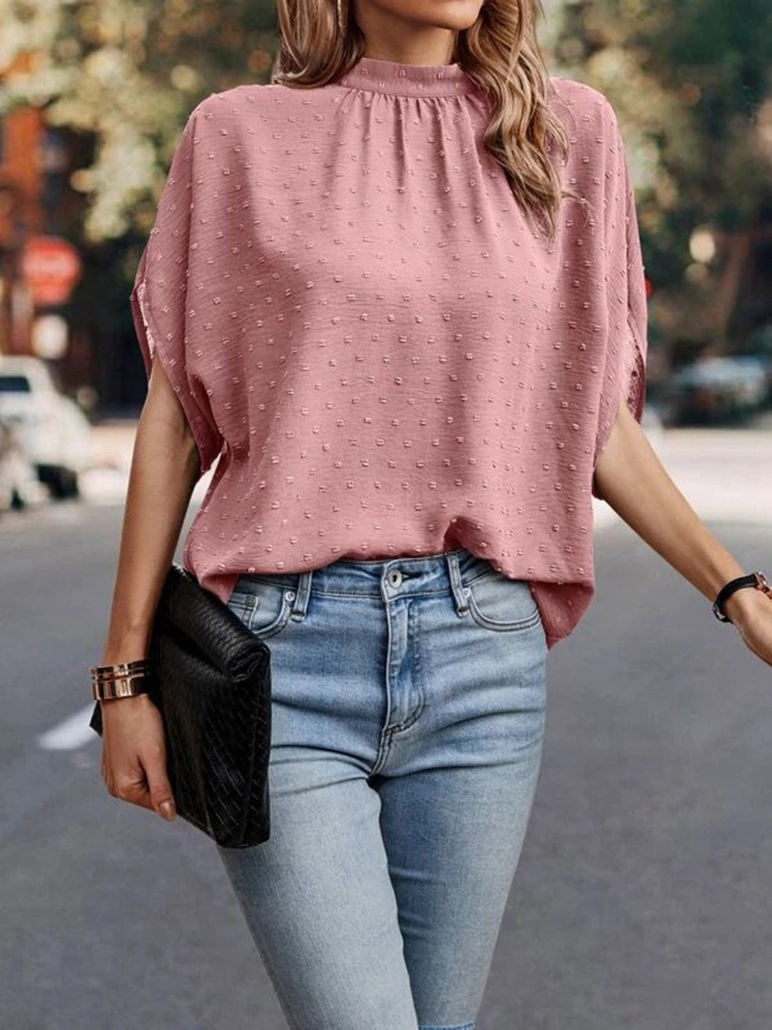 Women Swiss Dot Mock Neck Half Sleeve Blouse