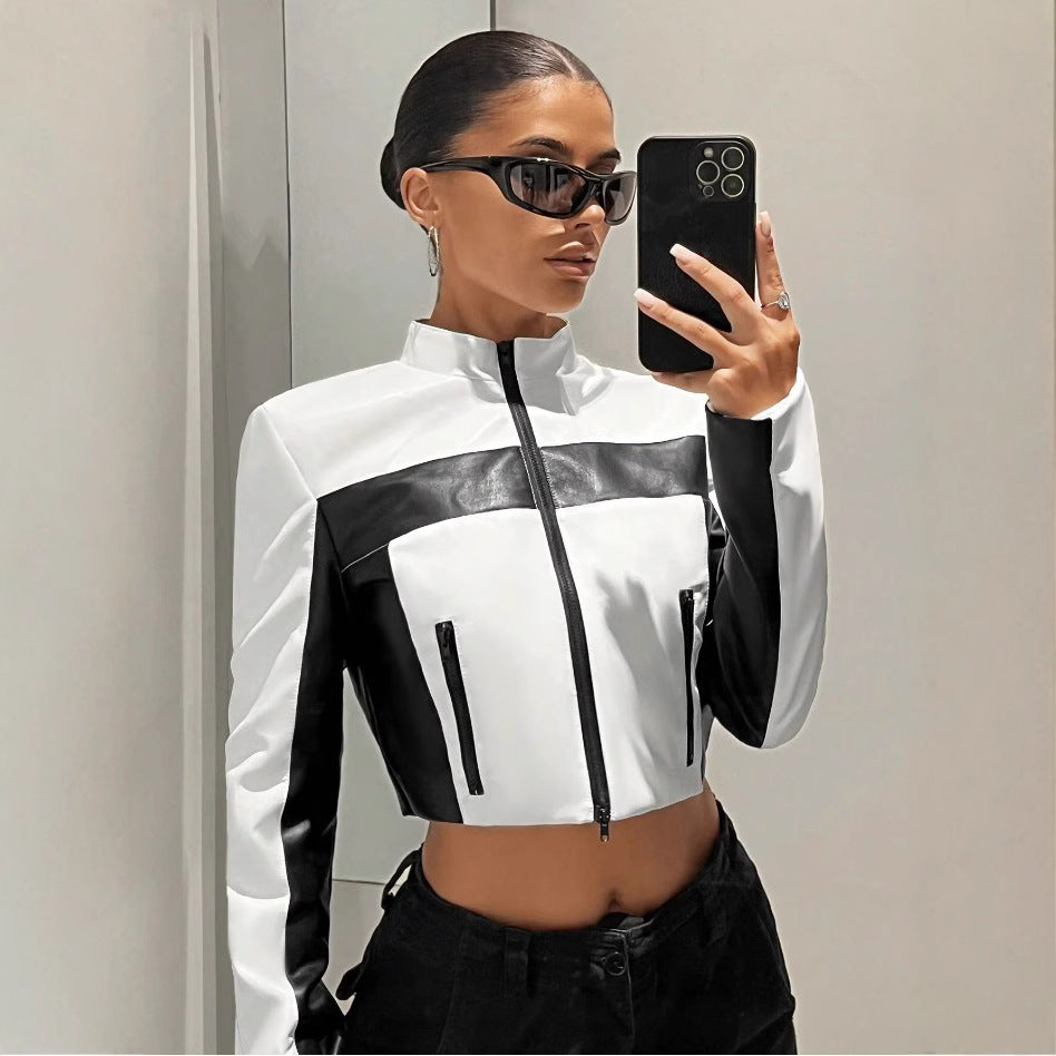 Black And White Contrast Color Leather Coat Women's Zipper Short Slim Jacket