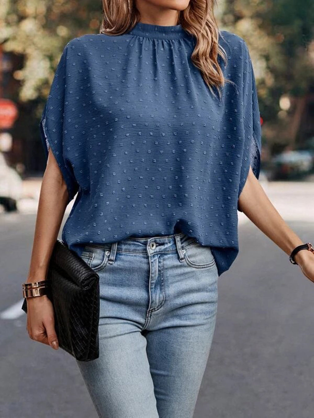 Women Swiss Dot Mock Neck Half Sleeve Blouse