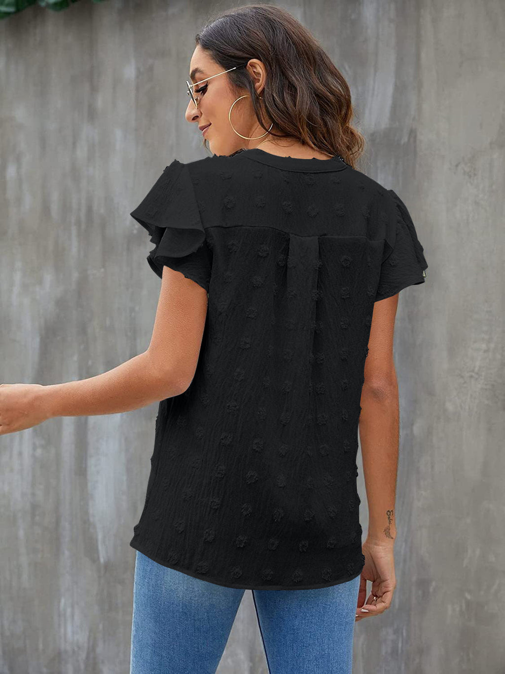 Women Swiss Dot Notched Flutter Sleeve Blouse