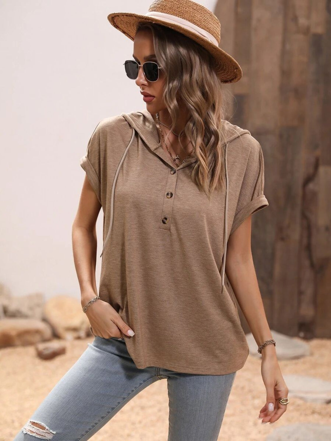Women Half Button Hooded Short Sleeve Blouse
