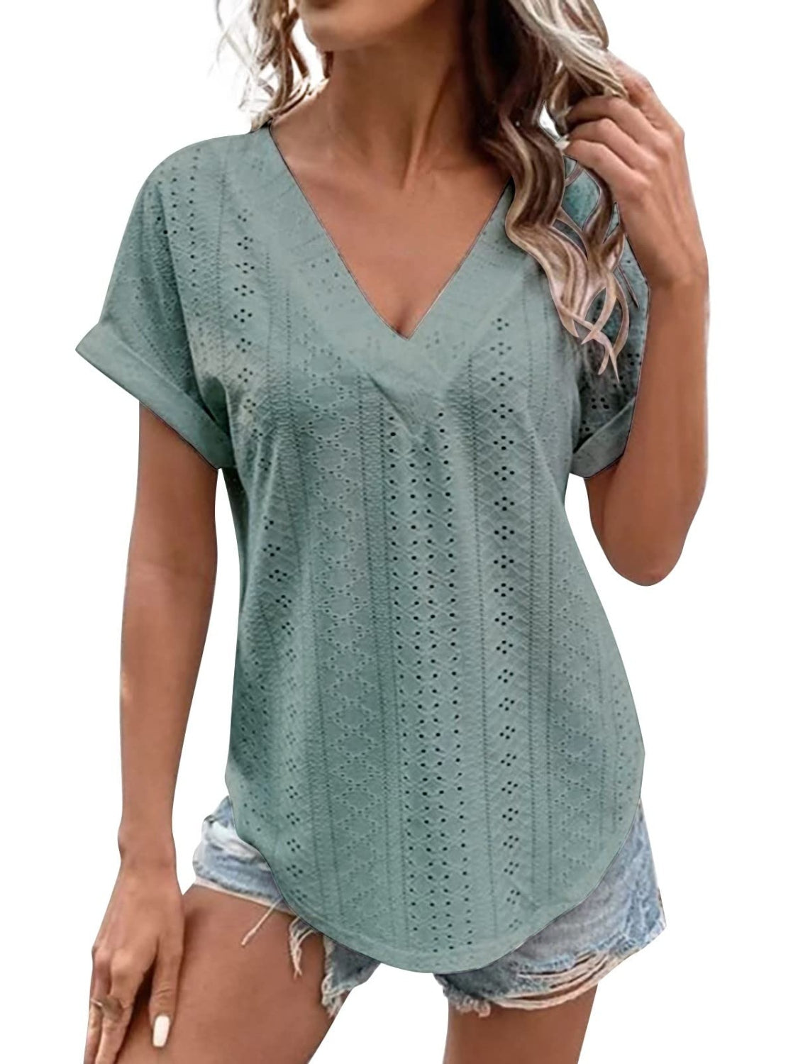 Women Eyelet V-Neck Short Sleeve Blouse