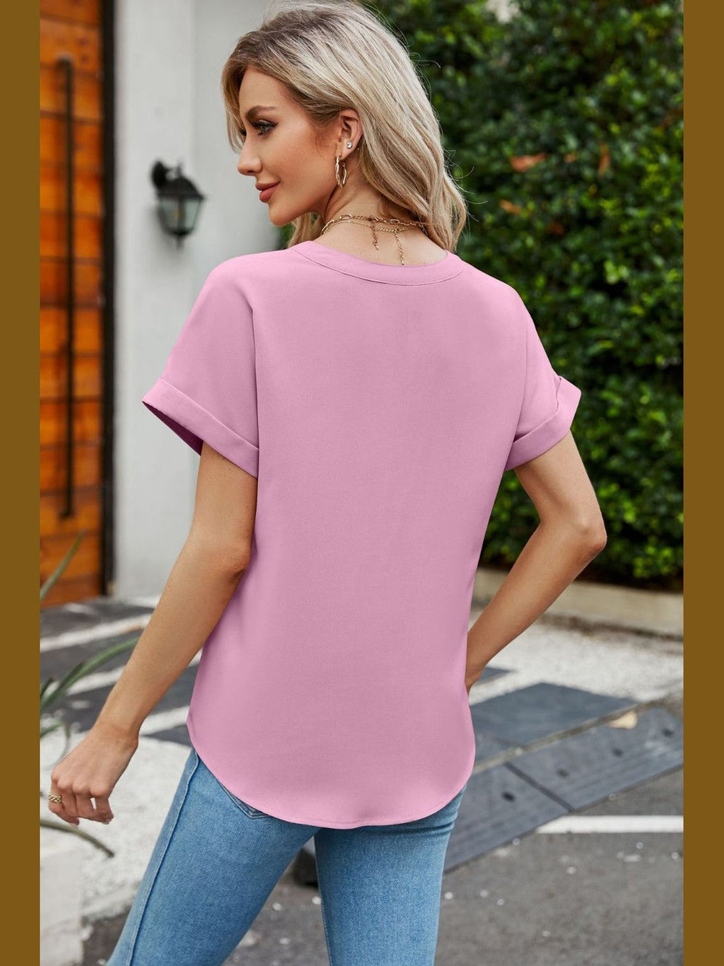 Women Notched Neck Cuffed Sleeve Shirt