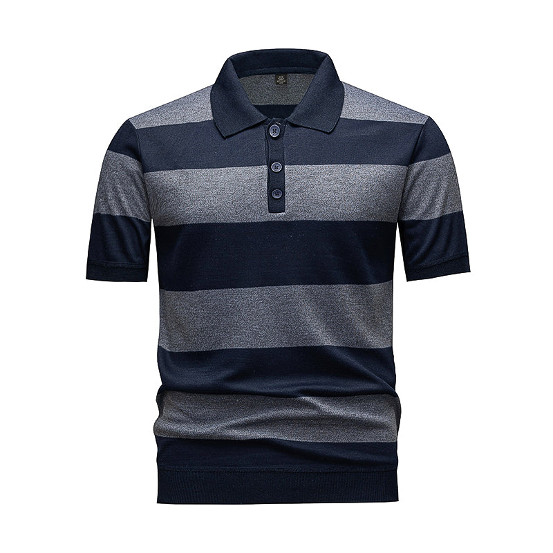 Men's Navy & Grey Horizontal Striped Knit Polo Shirt, Short Sleeve Casual Top