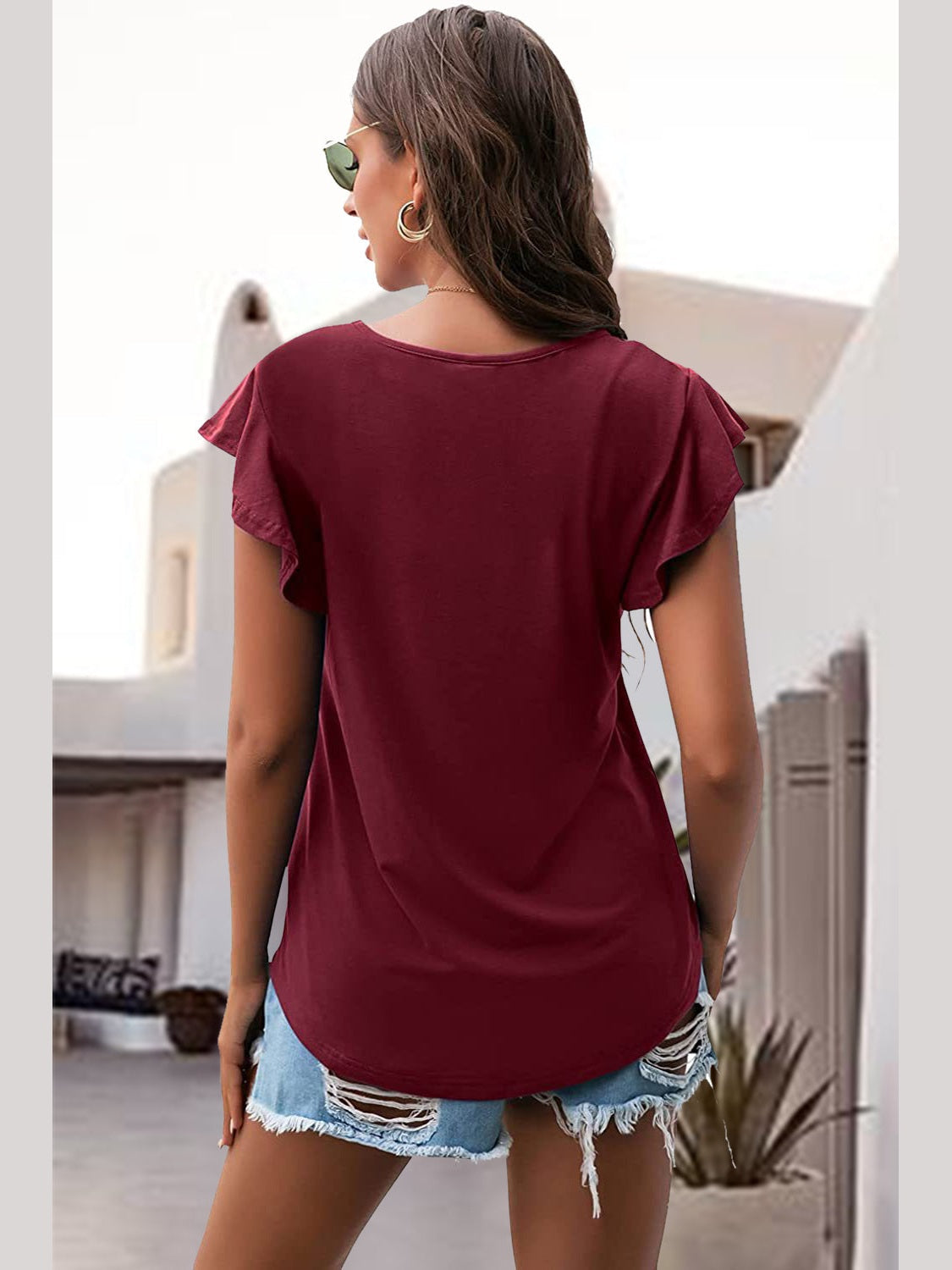 Women Ruffled Round Neck Cap Sleeve Blouse