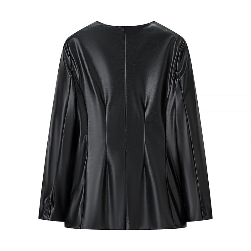 Women's Long-sleeved V-neck Leather Jacket
