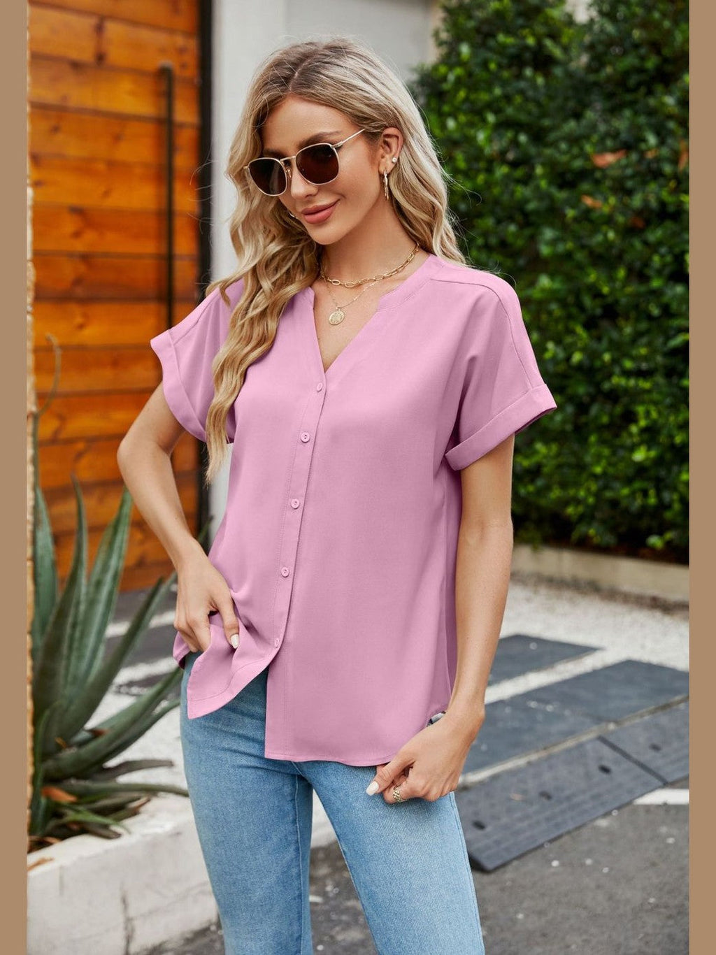 Women Notched Neck Cuffed Sleeve Shirt