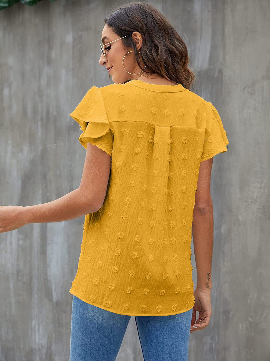 Women Swiss Dot Notched Flutter Sleeve Blouse