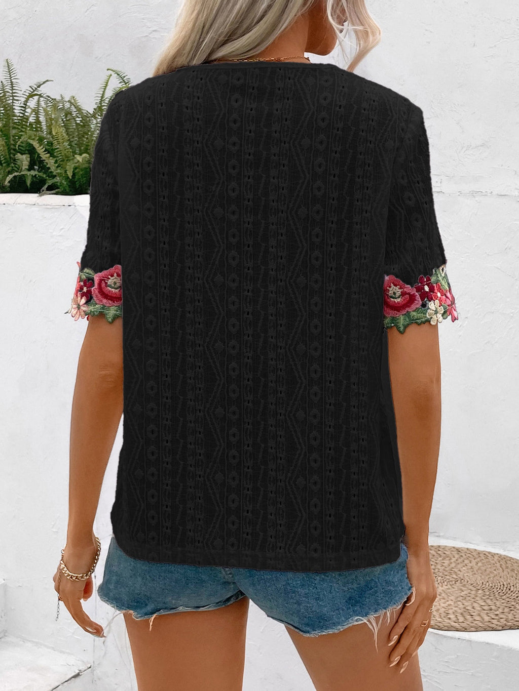 Women Eyelet Embroidered V-Neck Short Sleeve Blouse