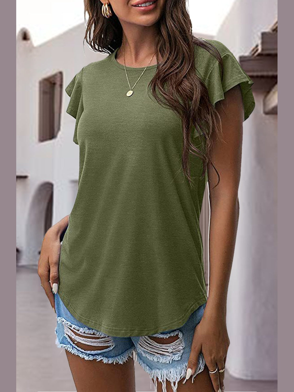 Women Ruffled Round Neck Cap Sleeve Blouse