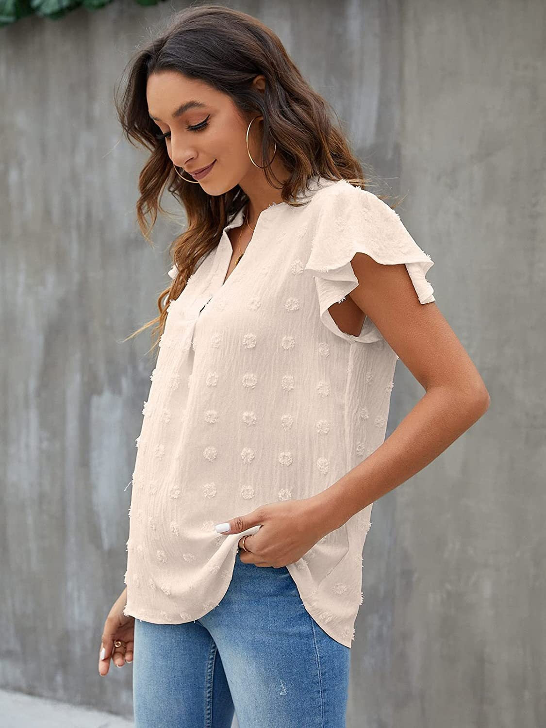 Women Swiss Dot Notched Flutter Sleeve Blouse