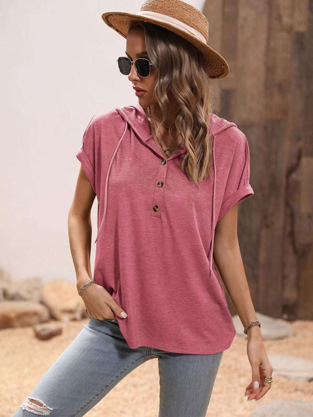 Women Half Button Hooded Short Sleeve Blouse