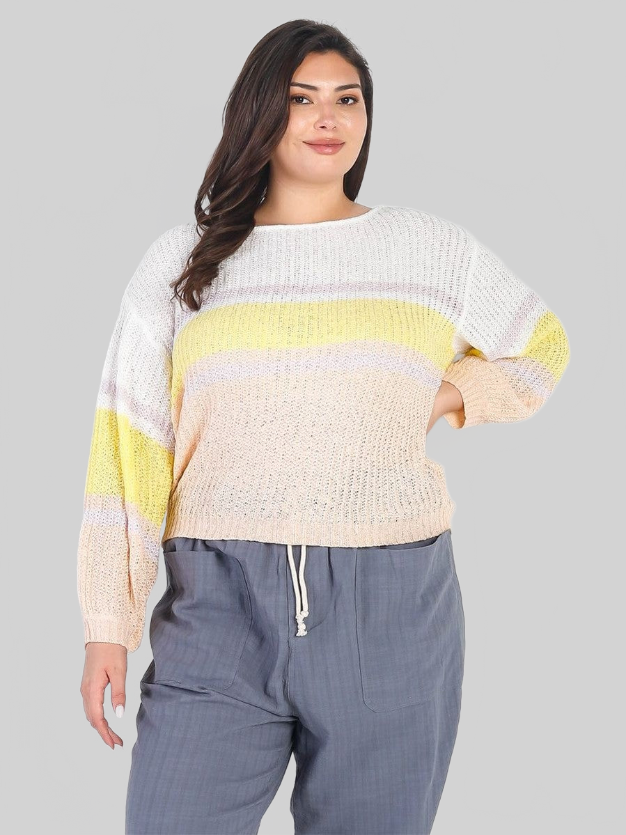 Plus Size Women White & Lemon Knit Stripe Long Sleeve Top
